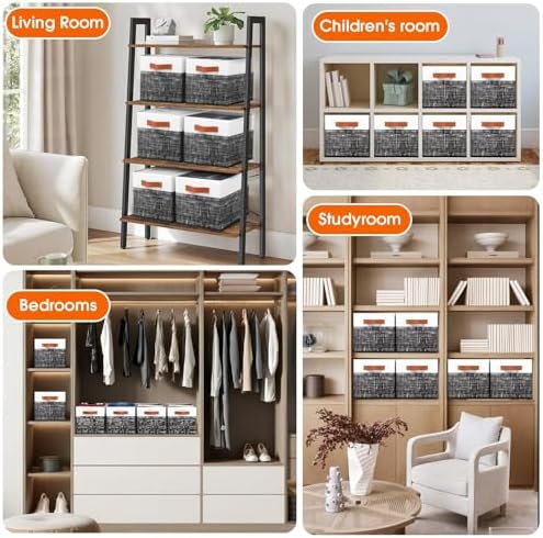 Fab totes Collapsible Storage Baskets for Shelves,14"x10", 6 Pack Foldable Fabric Storage Bins with Double Leather Handles, Large Baskets for Organizing Books, Clothes, White & Black