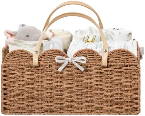 HBlife Baby Diaper Caddy, Paper Rope Storage Baskets Nursery Bin with Removable Divider, Portable Car Organizer for Diapers, Baby Shower Gifts, Newborn Essentials Must Haves