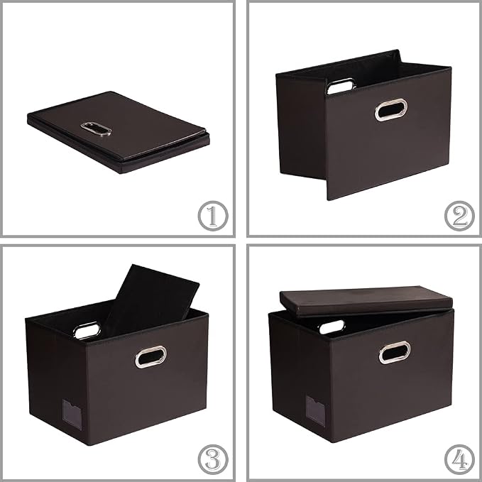 Collapsible Storage Bins with Lids [3-Pack] Leather Fabric Foldable Storage Boxes Organizer Containers Baskets Cube with Cover for Bedroom Closet Office Nursery Brown (14.9x10.8x10)