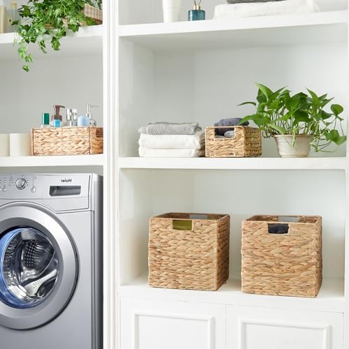 Vagusicc Storage Basket, Set of 2 Hand-woven Water Hyacinth Storage Baskets, Foldable Wicker Storage Basket 9 Inch Cube Storage Bins for Shelves Organizer Square Shelf Baskets, 9''x9''x9''