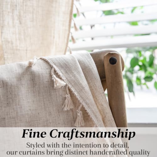 Sutuo Home Boho Linen Curtains for Bedroom Kitchen 59" W x 72" L,1 Panel | Light Filtering Natural Linen Look Textured Burlap Chic Bohemian Handmade Tassels Window Treatment for Living Room Rod Pocket