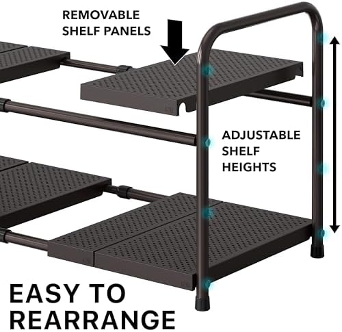 Simple Houseware Under Sink 2-Tier Heavy Duty Expandable Organizer, Bronze | Adjustable Width 15.75–25 Inches with 4 Shelf Height Levels