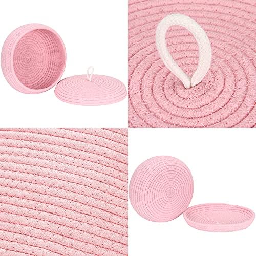 Sea Team Round Woven Cotton Rope Storage Basket with Lid, Pink | Lidded Knitted Decorative Storage Bin, Pot, Caddy, Organizer, Container for Snacks, Towels, Plants, 10 x 4.5 Inches