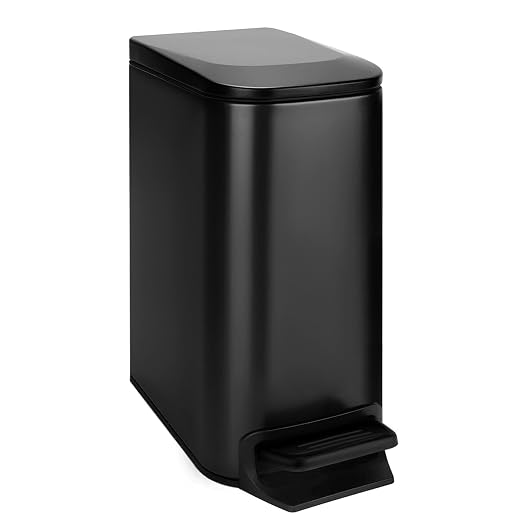 TIPGO Small Bathroom Trash Can with Lid, 1.6 Gal, Soft Close, Matte Black | Stainless Steel, 5.9'' Slim for Narrow Space, Foot Pedal, Soft Quiet Lid, Anti-fingerprint, Removable Inner Bucket, Odor Seal
