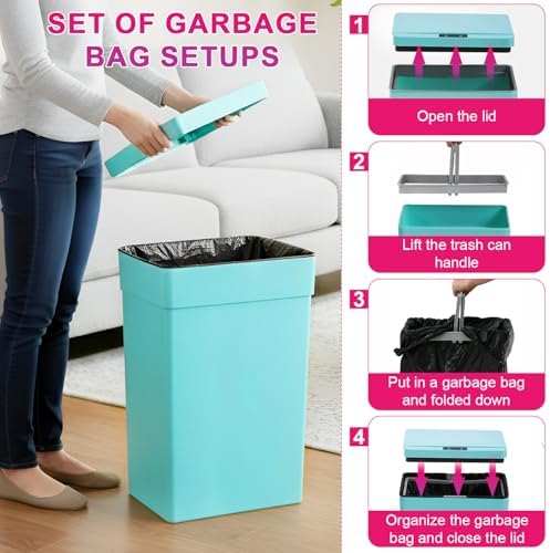 PayLessHere | 13 Gallon Plastic Trash Can with Lid | Blue | Automatic Touchless Garbage Can | Waterproof & Easy to Clean | For Kitchen, Bathroom, Home or Office | Pack of 2