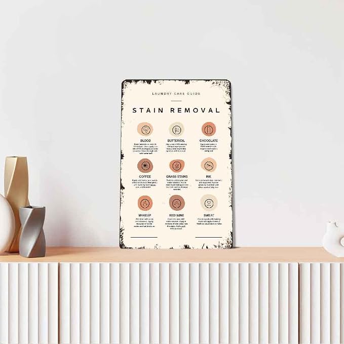 Vintage Retro Stain Removal Laundry Care Guide Aluminum 8x12 Inch, Funny Wall Art for Farmhouse Laundry Room Bathroom Kitchen Man Cave Garage Wall Decor