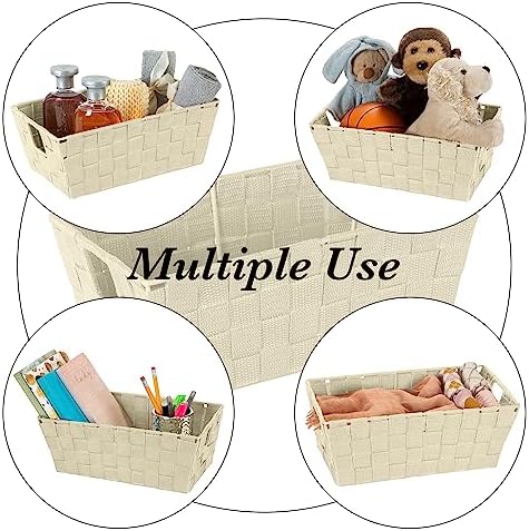 Simplify Small Shelf Woven Strap Tote | Decorative Storage Basket | Built in Handles | Organization | Closet | Bedroom | Bathroom | Nursery | Accessories | Toys | Gifts | 4 Pack | Ivory