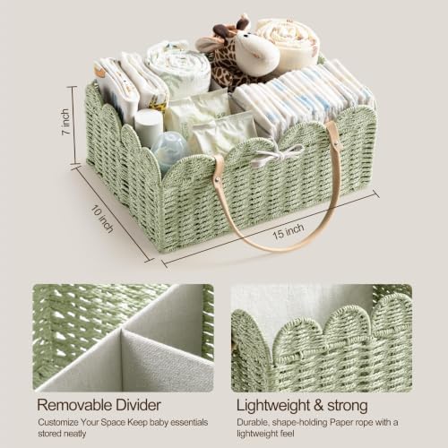 HBlife Large Baby Diaper Caddy, Paper Rope Scalloped Storage Baskets Nursery Bin with Removable Divider, Portable Car Organizer for Diapers, Baby Shower Gifts, Newborn Essentials Must Haves, Green