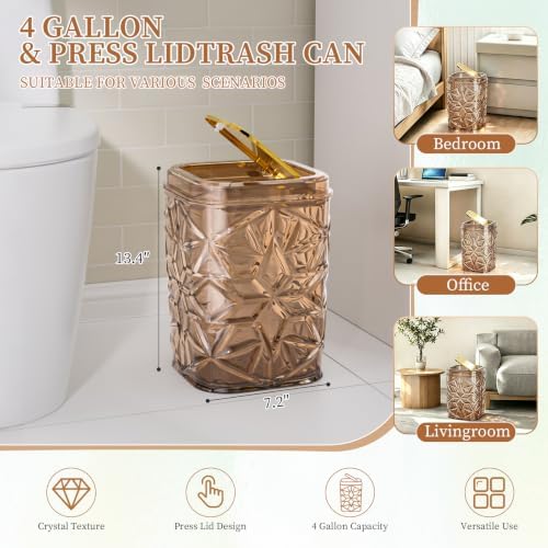 2-Piece Snowflake-Textured Acrylic Trash Can Set with 150 Drawstring Bags, 4 Gallon Gold Press-Lid Wastebasket and Small Open-Top Desktop Bin for Bathroom, Bedroom, Office, Brown