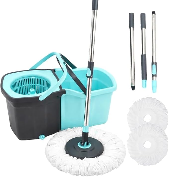 Spin Mop and Bucket System for Floor Cleaning - 360° Rotating Mop with Detachable Bucket - 2 Machine Washable Microfiber Heads - Stainless Steel Handle for Hardwood, Tile, and Laminate