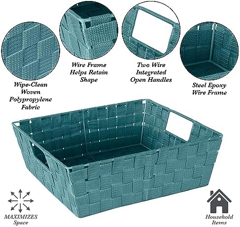 Simplify Large Shelf Woven Strap Tote | Decorative Storage Basket | Built in Handles | Organization | Closet | Bedroom | Bathroom | Nursery | Accessories | Toys | Gifts | 1 Pack | Sapphire