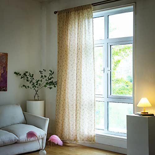 Sutuo Home Florals Boho Farmhouse Curtains, Semi-Blackout Drape Bohemian Window Treatment Cotton Linen Panel with Tassels for Bedroom Living Room, Rod Pocket, 1 Panel 59" W x 84" L