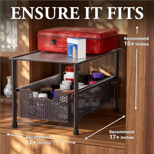 Simple Houseware Stackable Under Sink Sliding Basket Drawer, Brown | Perforated Free Standing Organizer, Kitchen/Pantry/Cabinet/Counter
