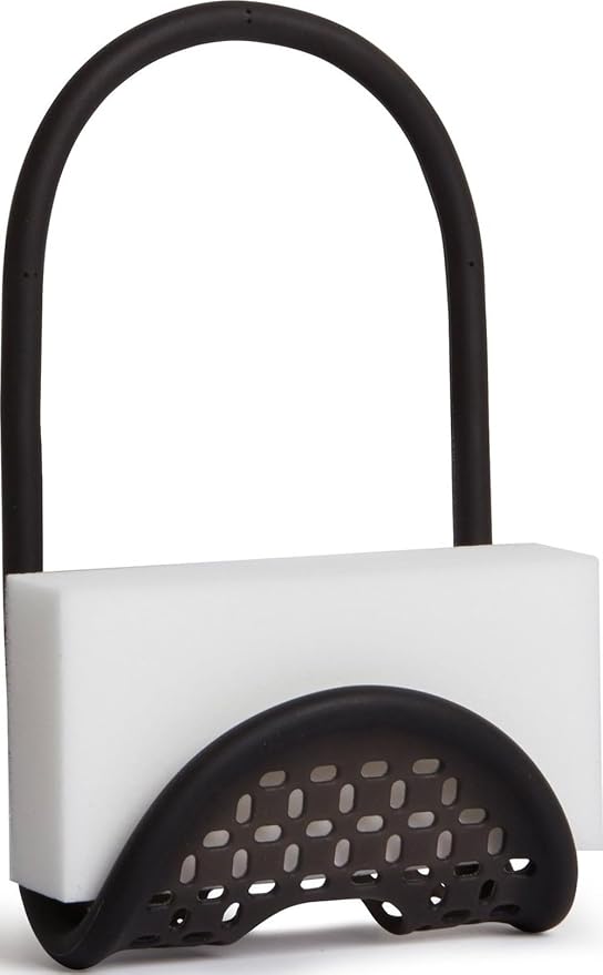 Umbra Sling Flexible Sink Caddy, Elastic Non-Slip Sponge Holder, Black | Rubber material, perforated base for drainage, prevents moisture buildup, fits faucet necks, easy rinse clean