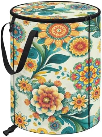 doginthehole Boho Blossoms Outdoor Trash Can with Lid Retro Floral Garbage Bins Outside Pop Up Recycle Garbage Cans Collapsible Trash Can for Camping Picnic Yard Beach, 22.83x17.71 in