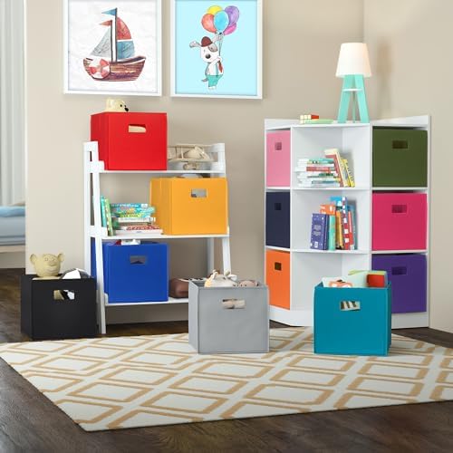 RiverRidge Folding Storage Bins - 4-pack of 10in Tall Blue Cubes | Fabric Bins, Set of 4 Storage Cubes, Cut-out Handles, Playroom Closet Organizer, Collapsible Cubby with Bottom Board Insert