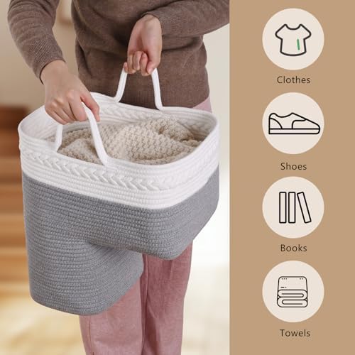 Stair Basket for Wooden & Carpeted Stairs, Foldable Cotton Rope Step Basket with Handles, Staircase Storage Organizer, Fog Grey, 15" Lx 10" W x 15" H