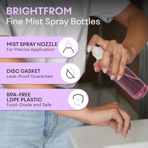 BRIGHTFROM Fine Mist Spray Bottles 8 OZ, Empty Refillable Containers - Essential Oils, Disinfectant Spray, Water 2 PACK (Clear, White Mist)