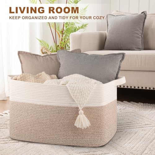 Extra Large Laundry Basket, 95L Blanket Basket for Living Room, Cotton Rope Toy Storage for Kids, Woven Baskets for Clothes, Towels, Pillows, 24" x 17" x 14", Brown and White