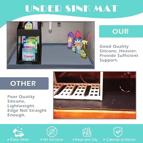 URMONA Waterproof Silicone Under Sink Mat 31'' x 22'' Shelf Liner for Kitchen and Bathroom, Cabinet and Counter Protector, Storage and Organizers, Litter Mat, Pet Cat Puppy Essentials(Light Grey)