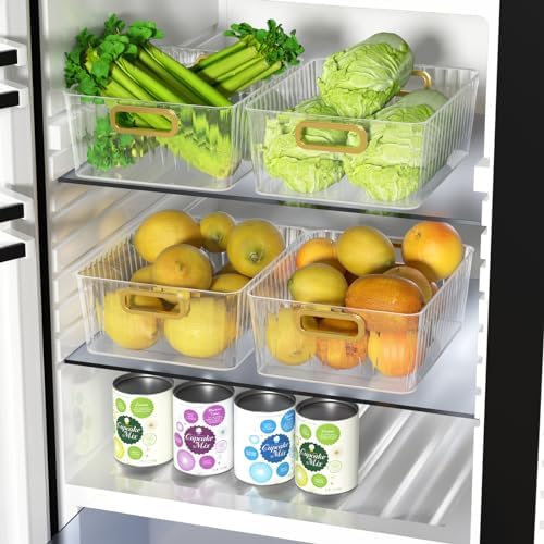 4 Packs Clear Plastic Storage Bin, Pantry Organizer Bin | Clear Containers With Built-in Handles, Multipurpose for Refrigerator, Kitchen, Freezer Organization