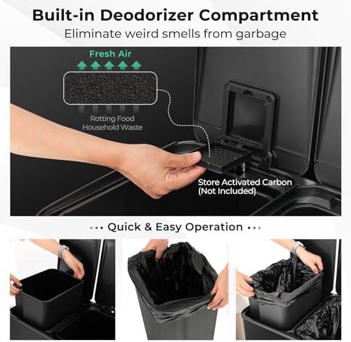 Goplus 16 Gallon/ (2x30L) Stainless Steel Trash Can, Kitchen Trash Bin w/Dual Removable Inner Buckets, Soft Closure & Step-on Pedal, Deodorizer Compartment, Garbage Bin for Recycling, Black