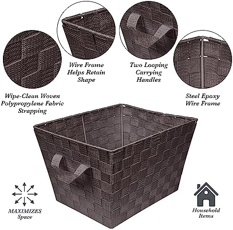 Simplify Medium Woven Strap Tote | Decorative Storage Basket | 2 Handles | Organization | Closet | Bedroom | Bathroom | Nursery | Accessories | Toys | Gifts | 4 Pack | Chocolate