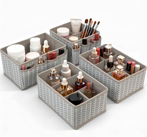 Cosmetic Storage Bins Makeup Organizer, Adjustable Multifunction Storage Box Desk Drawer Divider for Makeup Brushes, Bathroom Countertop or Dresser, Set of 4 (Grey)