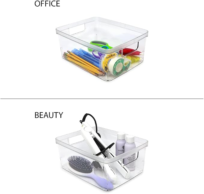 Isaac Jacobs 3-Pack Medium Clear Storage Bins (8” L x 10” W x 4.25” H) | Cutout Handles, Plastic Organizer for Home, Office, Kitchen, Fridge/Freezer, Bathroom, BPA Free, Food Safe (3-Pack, Medium)