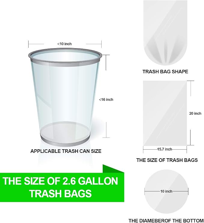 Small Clear Trash Bags – FORID 2.6 Gallon Garbage Bags Wastebasket Bin Liners 220 Count Plastic Trash Bags for Bathroom Bedroom Office Garbage Can (220 count)