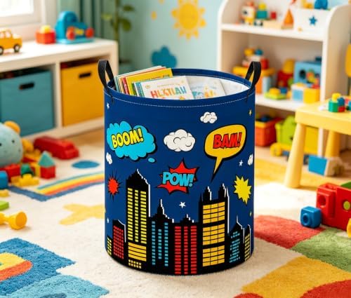 Baby Laundry Basket Baby Nursery Hamper Kids Laundry Basket Toy Storage Bin for Boys Room Decor Gift Baskets for Bedroom Bathroom(Blue City)