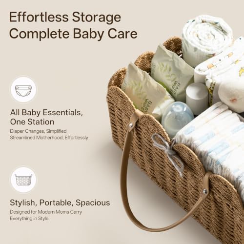HBlife Large Baby Diaper Caddy, Paper Rope Scalloped Storage Baskets Nursery Bin with Removable Divider, Portable Car Organizer for Diapers, Baby Shower Gifts, Newborn Essentials Must Haves, Brown