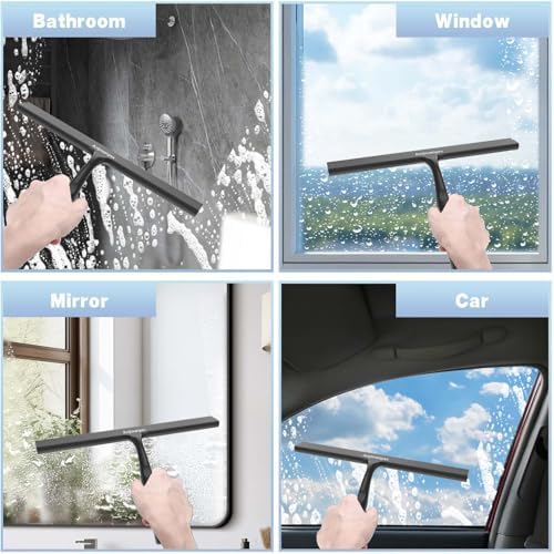 Shower Squeegee for Glass Doors, 10 in Bathroom Squeegee with Adhesive Hook | Ergonomic Glass Squeegee for Tile Shower Walls, Floor, Window, Car Cleaning - Streak-Free & No-Squeak, Silicone Squeegee Tool