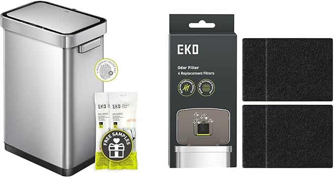 EKO Deluxe Motion Sensor 50 Liter Stainless Steel Trash Can Bundle with 4 Activated Charcoal Odor Filter Refills