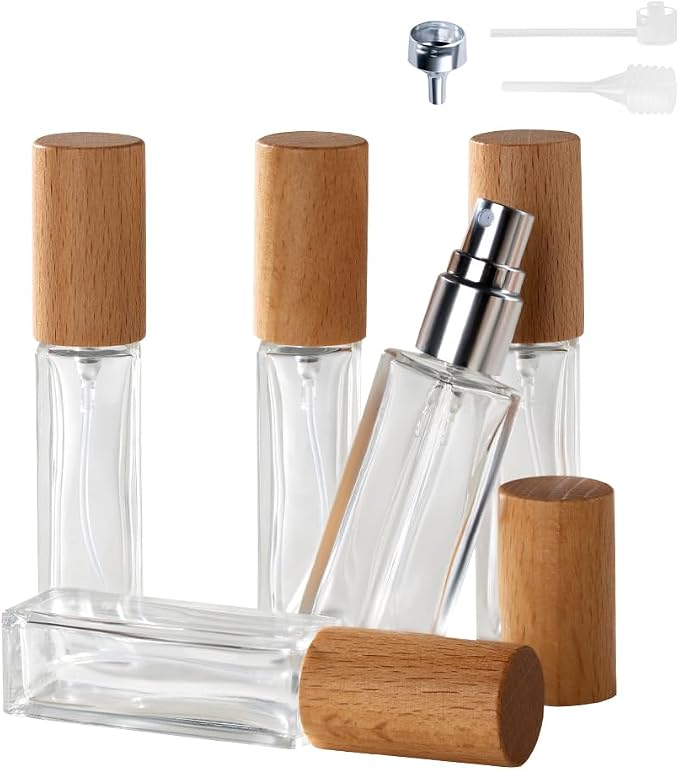 Perfume Atomizer, Refillable Spray Perfume Bottles 5pcs 0.3oz/10ml | Walnut Real Wood Lid, Classic Looking, Leak-Proof, Compact Size, Solid Bottle, Daily Touch-Up Spraying