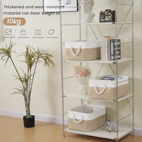 15.7x11.8x8.26 Inch Fabric Large Storage Bins with Handles 1 Pack | Foldable, Sturdy Metal Strand, Cardboard Support Molding, Fabric Storage Baskets for Shelves, Closet, Bedroom, White/Khaki