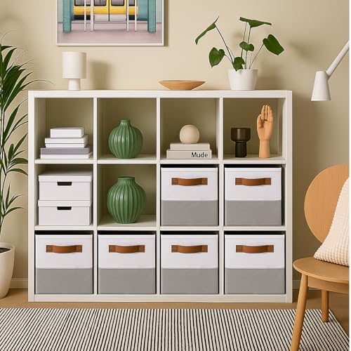 ShellKingdom Storage Bins, Two-Tone Foldable Fabric Storage Cubes with Leather Handle for Closet Toys Clothes Storage Organizer Drawer, 10.5 X 10.5 X 11 inch, 2 Pack (White/Grey)