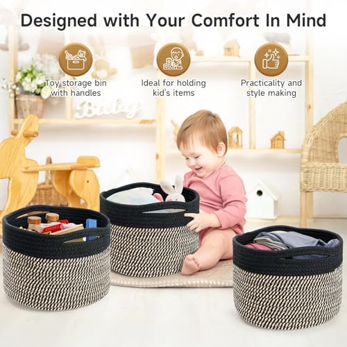 3 Pack Small Rope Storage Baskets, 9.82×9.82×7.1", Brown+Black | Cotton Basket for Gifts Empty, Cute Round Woven Basket, Decorative Shelf Basket Organizer, Organizing Basket for Shelves