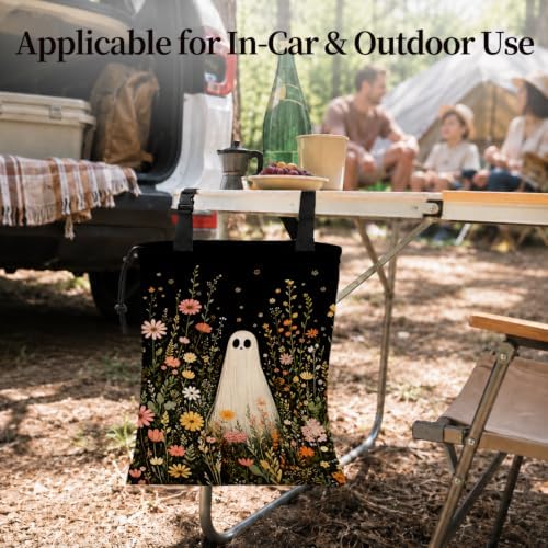 Halloween Ghost Wildflower Car Garbage Bag Canvas Trash Can | Cottagecore Floral Halloween Drawstring Car Trash Bag Hanging for Back Seat with Adjustable Buckle