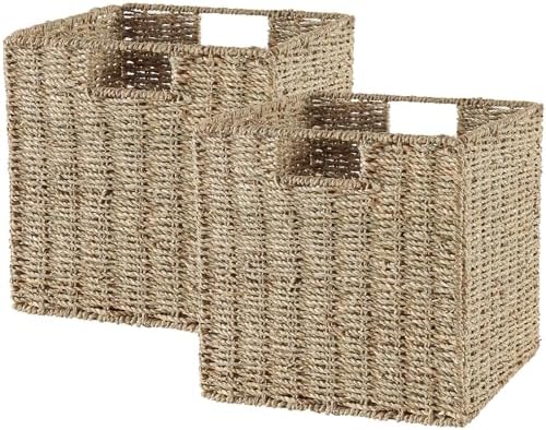 Vagusicc Wicker Storage Basket, Set of 2 Seagrass Storage Baskets, 13 Inch Foldable Wicker Basket Square Cube Storage Bins Storage Baskets for Organizing Shelf Baskets, 13''x13''x13''