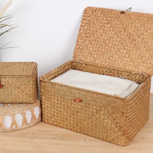 Moosky Wicker Shelf Baskets with Lid,Natural Seagrass Storage Basket Boxes Handwoven Rectangular Baskets Bins Multipurpose Home Organizer Decor (Large)