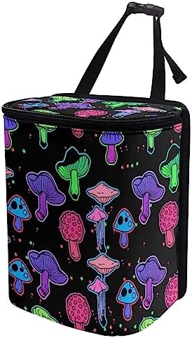 Rainbow Trippy Mushroom Print Car Trash Can with Lid and Zipper Portable Foldable Garbage Can Bag Hanging for Headrest Leakproof Organizer and Storage Bag Retro Car Interior Accessories