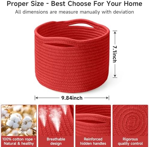 3 Pack Small Rope Storage Baskets, 9.82×9.82×7.1", Red | Cotton Basket for Gifts Empty, Cute Round Woven Basket, Decorative Shelf Basket Organizer, Organizing Basket for Shelves