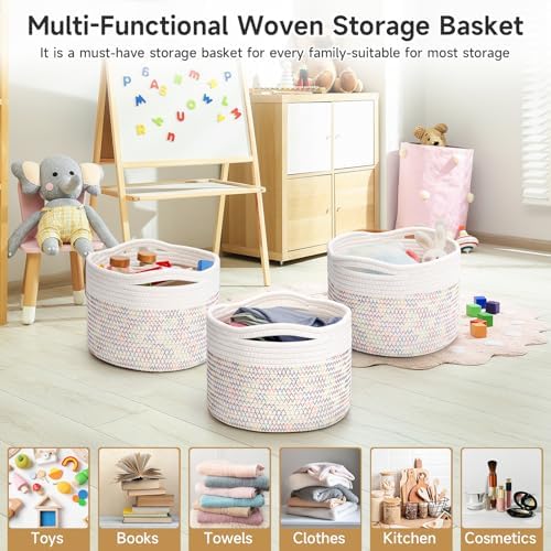 3 Pack Small Rope Storage Baskets, 9.82×9.82×7.1", Rainbow | Cotton Basket for Gifts Empty, Cute Round Woven Basket, Decorative Shelf Basket Organizer, Organizing Basket for Shelves