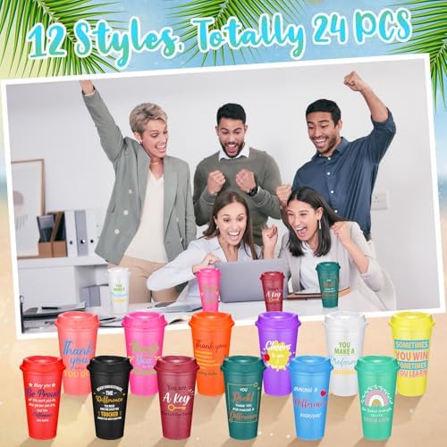 Skylety 24 Pack Employee Appreciation Cups with Lids 16 oz Plastic | Plastic Thank You Tumblers with Lids, Housekeeping Week, Staff Volunteer Coworker Team Teacher Gifts, Office School Supplies