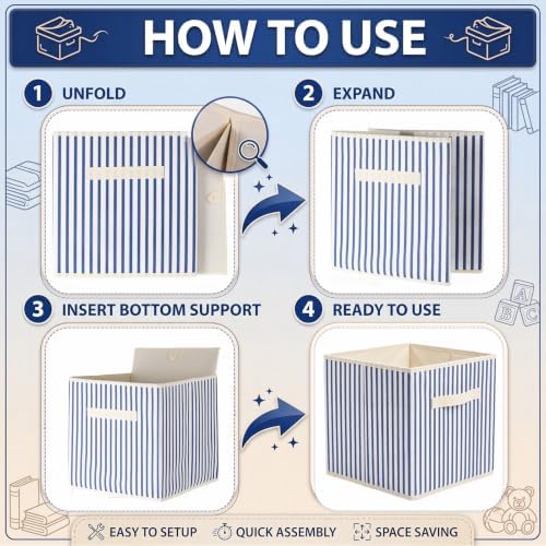 Amyhill 6 Pack Blue Striped Basics Collapsible Fabric Storage Bins | with Handles, Foldable Storage Cubes, 11 Inch, Closet Decorative Organizer, Baskets for Shelves Units, Home, Dorm