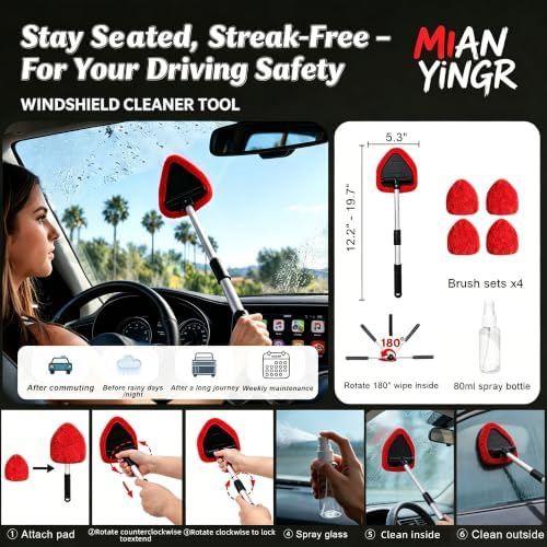 Windshield Cleaner Tool, 17Pcs Red Car Interior Detailing Kit | Stay in Seat, Inside & Out Streak-Free Clean, Extendable Handle, Cleaning Gels & Brushes, Pet Hair