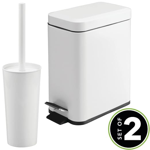 mDesign Metal Freestanding Slim Toilet Bowl Brush and Holder + Rectangle Narrow 5 Liter / 1.3 Gallon Step Pedal Trash Can Wastebasket for Bathroom - Small, Compact Design - Set of 2 - White
