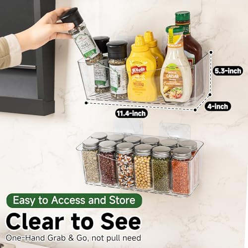 8-Pack Adhesive Pantry Organizers and Storage, Large Cabinet Door Organizer | 11.4" Long, Space Saving, Drain Bottom, Clear Plastic Storage Bins for Kitchen, Bathroom, Refrigerator, Countertop,Under Sink
