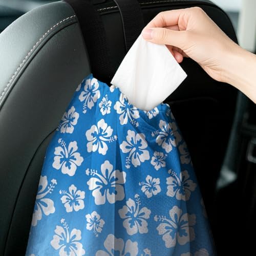 Car Trash Bag Hanging Back of Seat with Adjustable Snap Buckle Strap Cute Printed Drawstring Garbage Bags for Car-Hawaiian Floral Blue